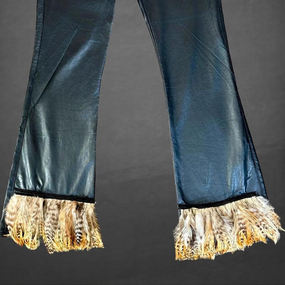 Y2k 2000 Vintage. "Serious" Black Vinyl Pants with Brown Feather Flares (S)
